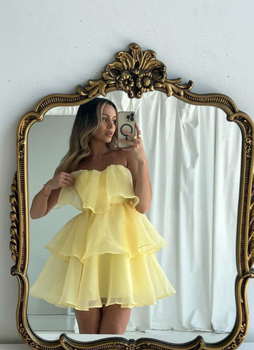 Cute A Line Strapless Yellow Tiered Organza Short Homecoming Birthday Dress Cocktail Dresses HZ1023